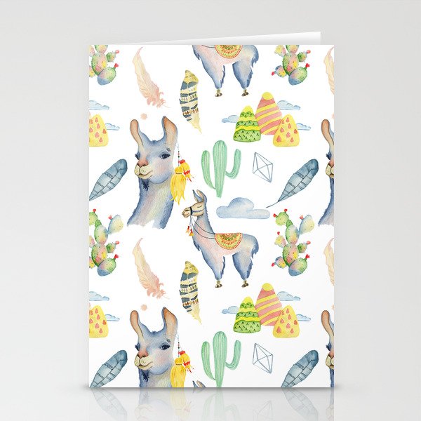 Cute hand painted blue pink yellow watercolor tropical llamas Stationery Cards