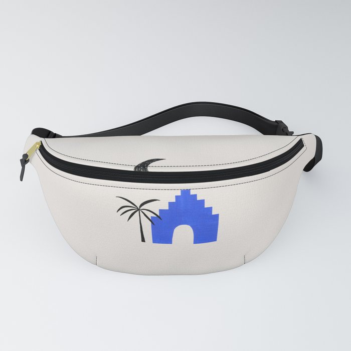 Ultramarine Blue Minimalist Modern Mid Century Ancient Ruins Architecture Moon Lit Palm Trees by Ejaaz Haniff Fanny Pack
