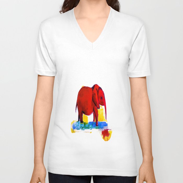 Unique Red Elephant Still Life Painting on Canvas V Neck T Shirt