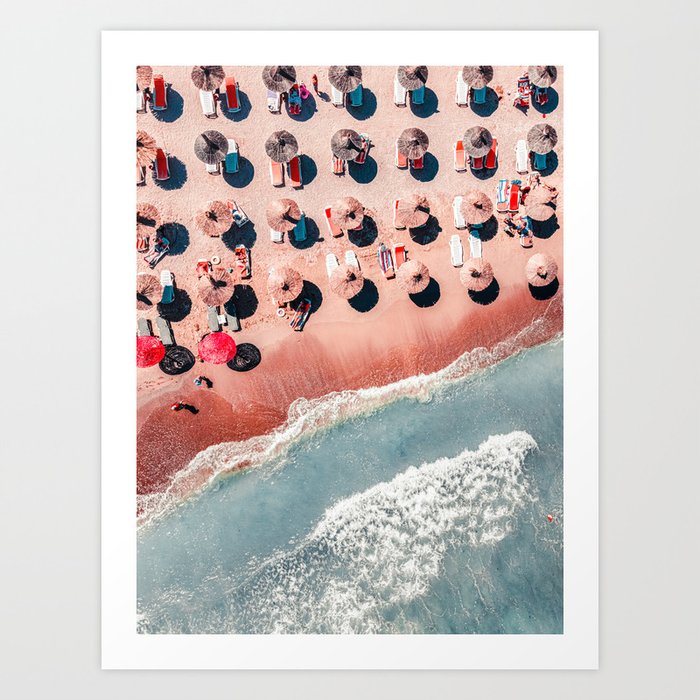 People On Beach, Aerial Drone Photography, Aerial Pink Beach Sea, Ocean Wall Art Print, Summer Sea Vibes Art Print Art Print