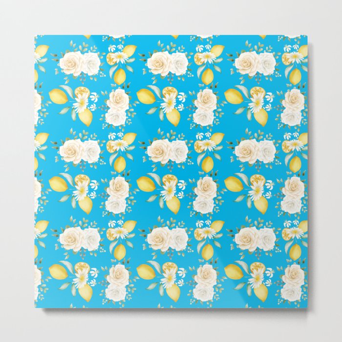 Lemons and White Flowers Pattern On Turquoise Background Metal Print