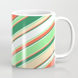 [ Thumbnail: Colorful Red, Sea Green, Mint Cream, Light Green & Beige Colored Lined/Striped Pattern Coffee Mug ]