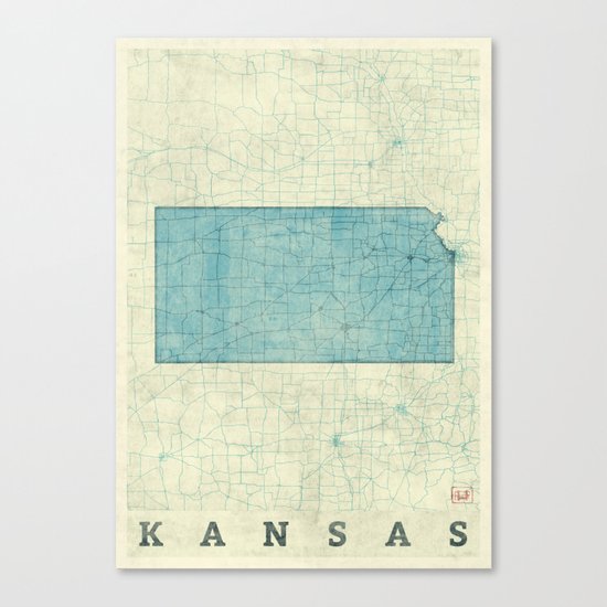 Kansas State Map Blue Vintage Canvas Print