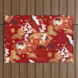 Spring Japanese background with fans and cranes Outdoor Rug