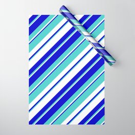 [ Thumbnail: Turquoise, White, and Blue Colored Striped/Lined Pattern Wrapping Paper ]