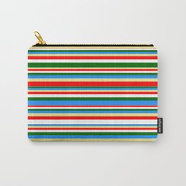[ Thumbnail: Colorful Blue, Tan, Red, White, and Dark Green Colored Striped/Lined Pattern Carry-All Pouch ]