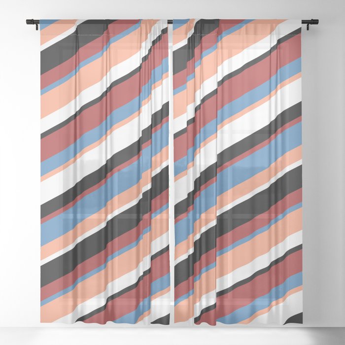 Eye-catching Brown, Blue, Light Salmon, White & Black Colored Striped/Lined Pattern Sheer Curtain