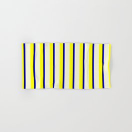 [ Thumbnail: Yellow, Beige, Blue, and Black Colored Lines Pattern Hand & Bath Towel ]