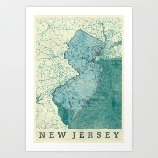 New Jersey State Map Blue Vintage Art Print