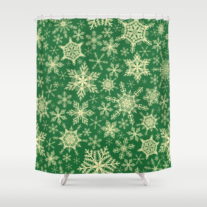 Festive Christmas Green Yellow Snowflakes Shower Curtain