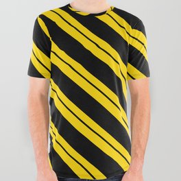 [ Thumbnail: Yellow and Black Colored Lines Pattern All Over Graphic Tee ]