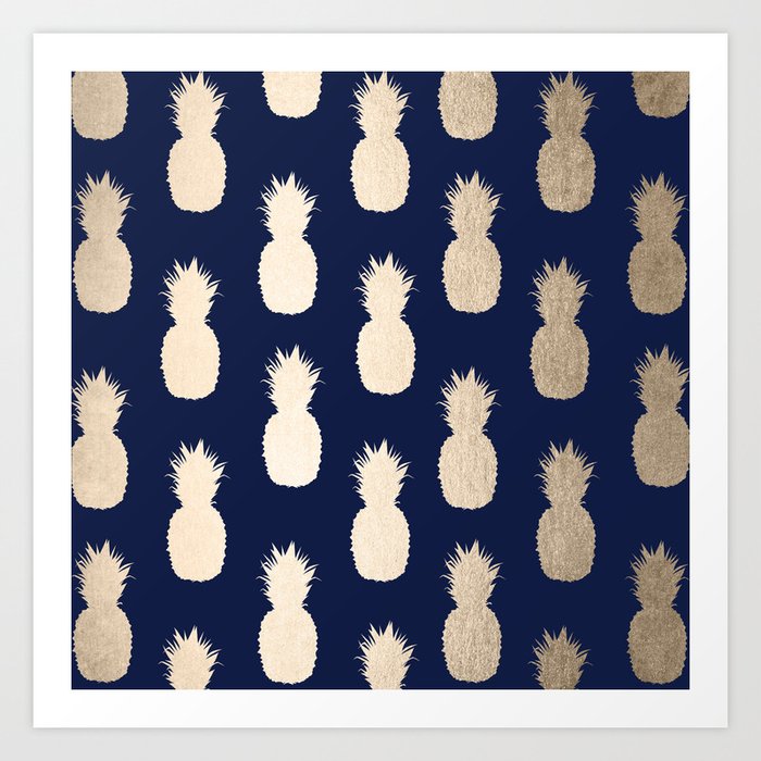 Gold Pineapple Pattern Navy Blue Art Print By Followmeinstead