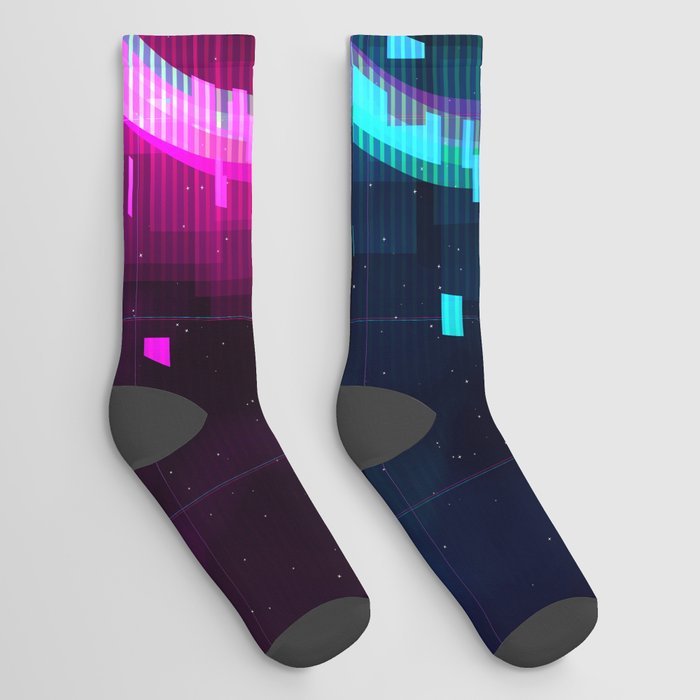 Synthwave Vaporwave Retrowave Glitch Circle with blue and pink glows with smoke and particles on laser grid space background.  Socks