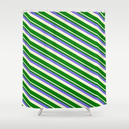 [ Thumbnail: Medium Slate Blue, Light Yellow, and Green Colored Stripes Pattern Shower Curtain ]