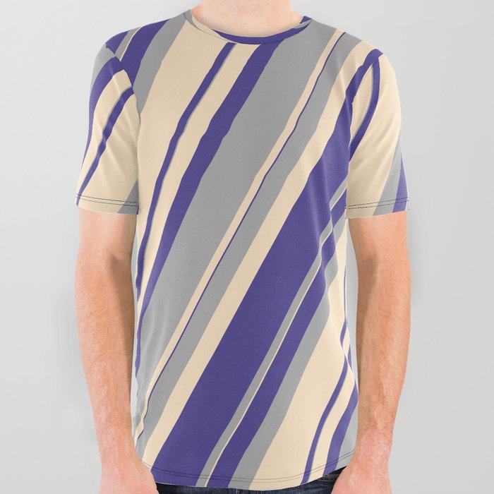 Dark Slate Blue, Dark Grey, and Bisque Colored Pattern of Stripes All Over Graphic Tee