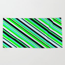 [ Thumbnail: Turquoise, Lime, Lavender, and Black Colored Stripes/Lines Pattern Beach Towel ]