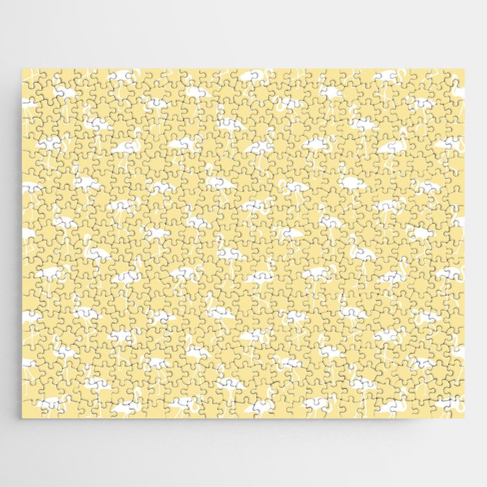 White flamingo silhouettes seamless pattern on beige tan background Jigsaw Puzzle