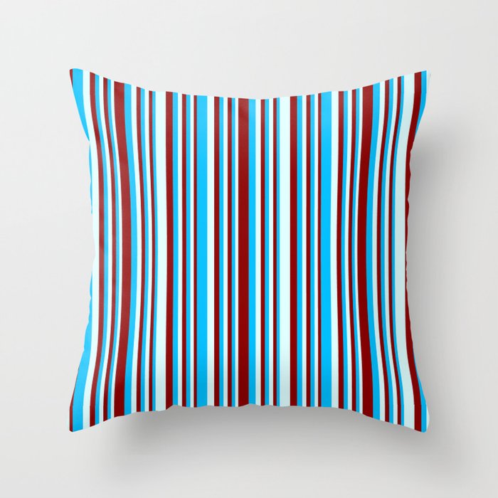 Deep Sky Blue, Dark Red & Light Cyan Colored Pattern of Stripes Throw Pillow