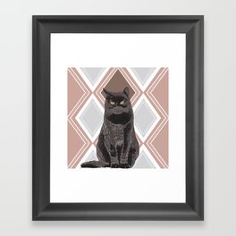 Black cat sitting on a modern dusty pink geometric pattern background Framed Art Print