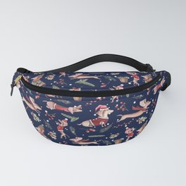 Dachshund in the snow on blue Fanny Pack