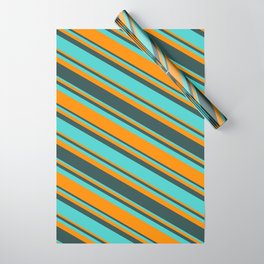 [ Thumbnail: Turquoise, Dark Orange & Dark Slate Gray Colored Pattern of Stripes Wrapping Paper ]