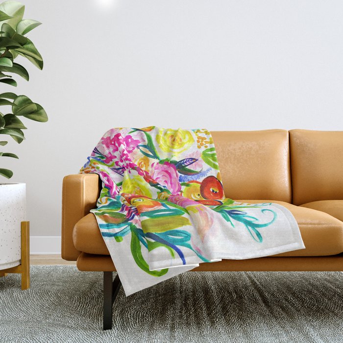 Bright Colorful Floral painting Throw Blanket