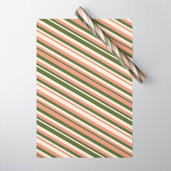 Dark Salmon, Dark Olive Green & Beige Colored Lines/Stripes Pattern Wrapping Paper