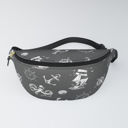 Dark Grey And White Silhouettes Of Vintage Nautical Pattern Fanny Pack