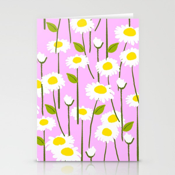 Pretty Daisy Flowers On Pink Retro Modern Yellow Scandi Floral Garden Cottagecore Pastel Wildflowers Stationery Cards
