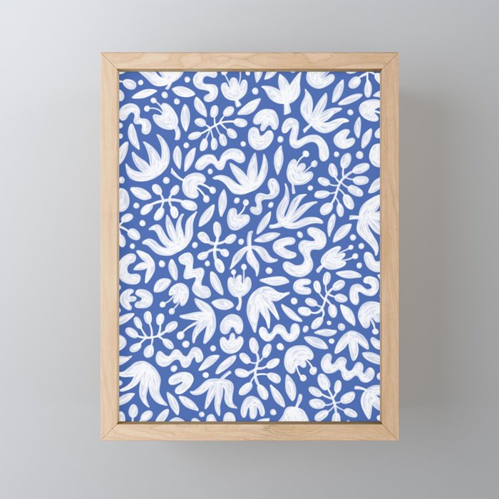 White Florals on Waterline Blue | Hand Painted Pattern Framed Mini Art Print