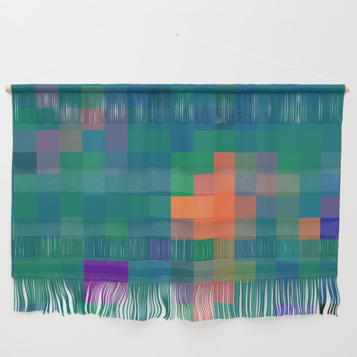 graphic design geometric pixel square pattern abstract in green blue orange Wall Hanging