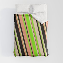 [ Thumbnail: Light Salmon, Black, Bisque & Chartreuse Colored Striped/Lined Pattern Duvet Cover ]