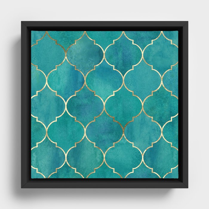 Turquoise Teal Golden Moroccan Quatrefoil Pattern II Framed Canvas