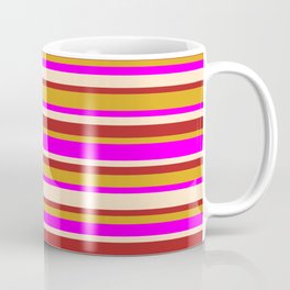 [ Thumbnail: Fuchsia, Bisque, Red, and Goldenrod Colored Lined Pattern Coffee Mug ]