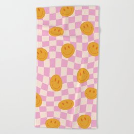 Groovy Smiley Faces on Pastel Pink Twisted Checkerboard Beach Towel