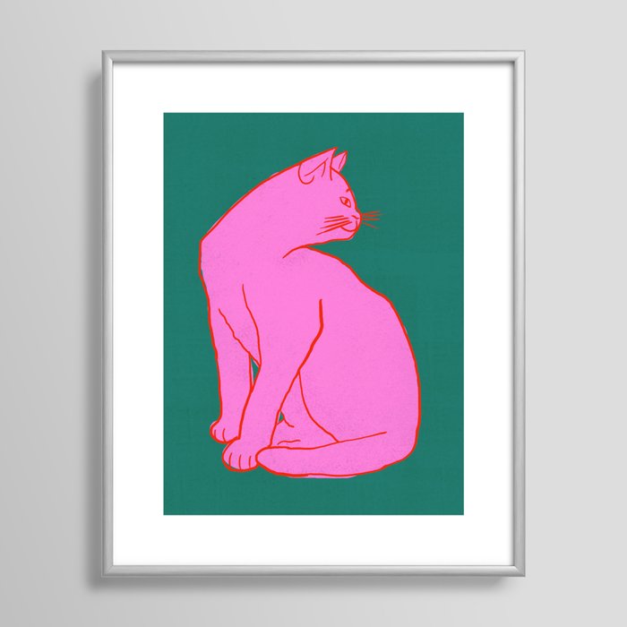 Pink Cat On Green Background Framed Art Print