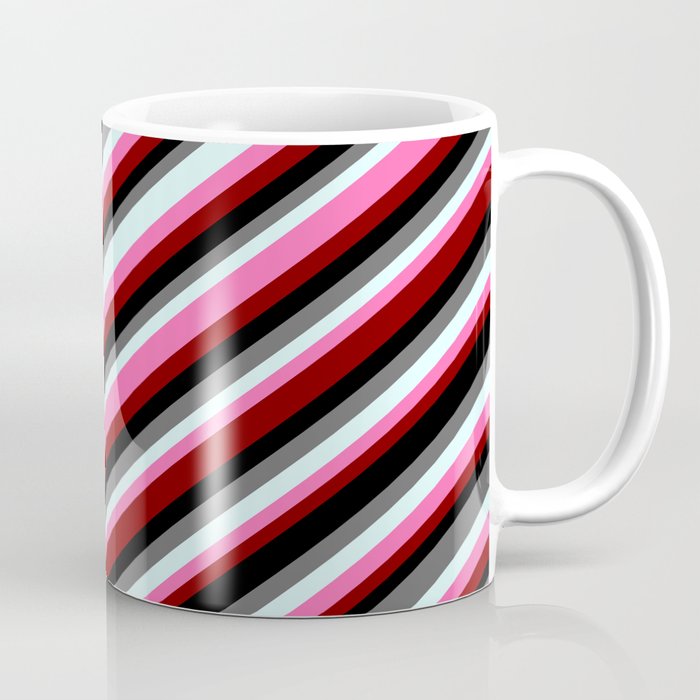 Colorful Dim Gray, Light Cyan, Hot Pink, Maroon & Black Colored Striped/Lined Pattern Coffee Mug