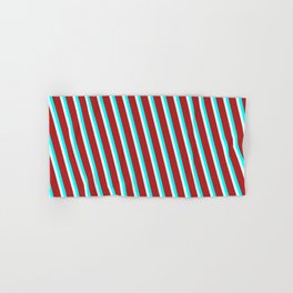 [ Thumbnail: Red, Cyan, and Light Cyan Colored Lined/Striped Pattern Hand & Bath Towel ]