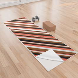 [ Thumbnail: Red, Mint Cream, Brown, and Black Colored Striped/Lined Pattern Yoga Towel ]