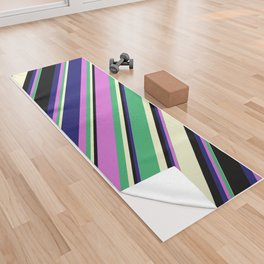 [ Thumbnail: Sea Green, Orchid, Midnight Blue, Black, and Light Yellow Colored Lines/Stripes Pattern Yoga Towel ]