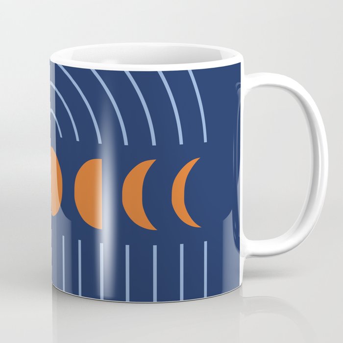 Geometric Lines and Shapes 12 in Navy Blue Orange (Rainbow and Moon Phases Abstract) Coffee Mug