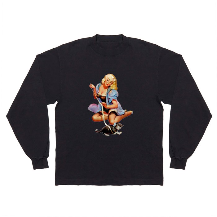 Sexy Blond Vintage Pinup Playing With a Cute Puppy Cat Long Sleeve T Shirt