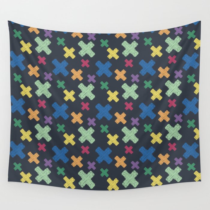 Modern colorful geometric tie dye X pattern on navy Wall Tapestry