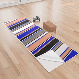 [ Thumbnail: Vibrant Light Salmon, Gray, Blue, White & Black Colored Lined/Striped Pattern Yoga Towel ]