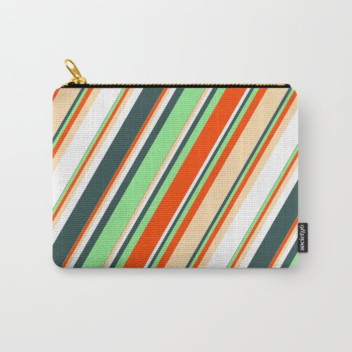 Light Green, Red, Tan, White, and Dark Slate Gray Colored Striped Pattern Carry-All Pouch