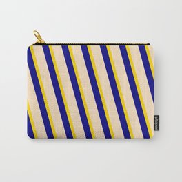 [ Thumbnail: Yellow, Blue, and Bisque Colored Stripes Pattern Carry-All Pouch ]