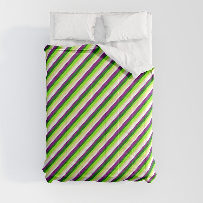 Eyecatching Chartreuse, Tan, White, Purple, and Dark Green Colored Lined Pattern Comforter