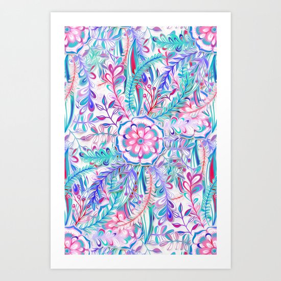 Boho Flower Burst in Pink and Teal Art Print