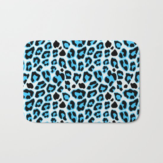 Blue & Black Leopard Print Pattern Bath Mat