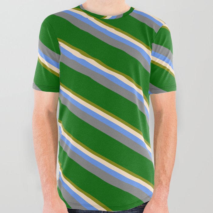 Eyecatching Green, Bisque, Cornflower Blue, Gray, and Dark Green Colored Lined/Striped Pattern All Over Graphic Tee